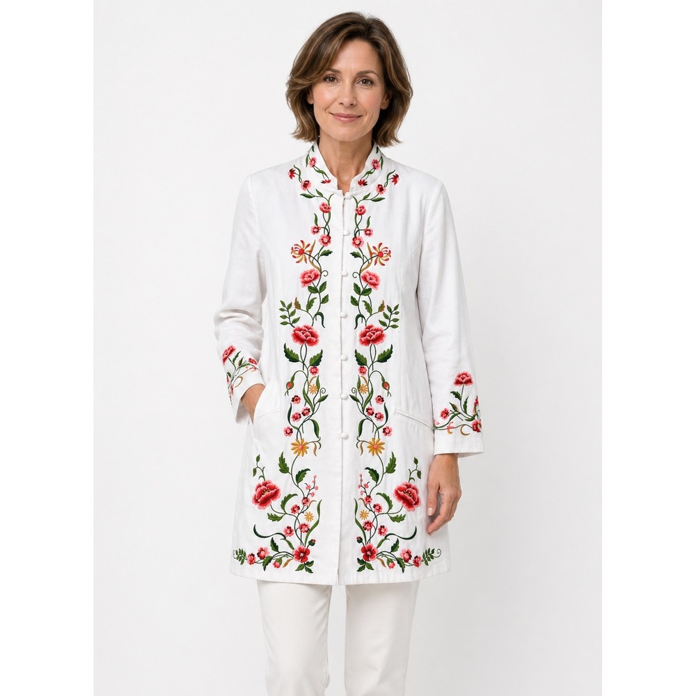VTG Victor‎ Costa Long Jacket Womens 1X  Embroidered Floral Mandarin Collar